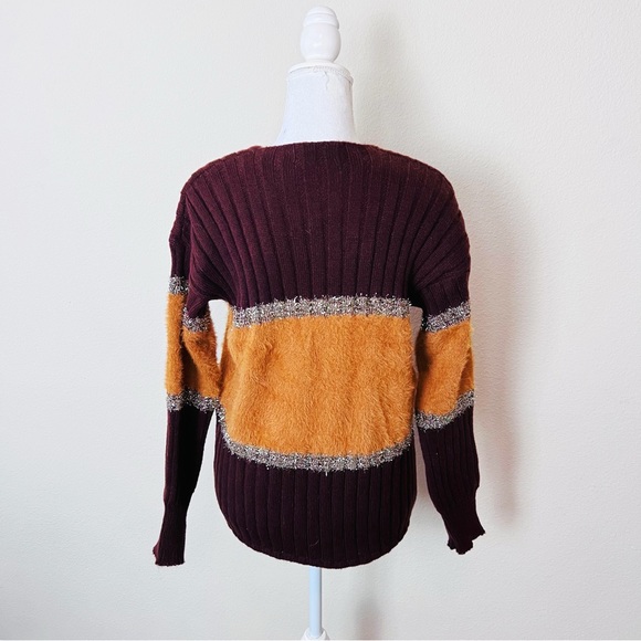Brown, Orange & Tinsel Colorblock V-Neck Long Sleeve Knit Sweater - Picture 4 of 14
